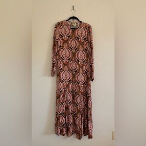 Farm Rio Brown Pineapple Jewelry Midi Dress Women’s Size Large